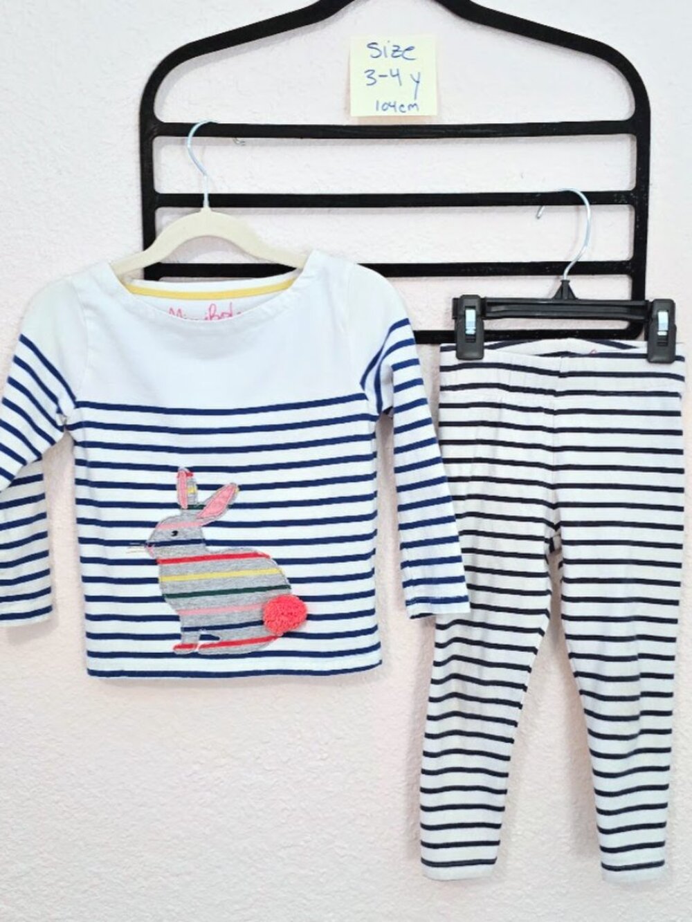 Mini Boden Girls 3-4Y Bunny Appliqué Striped Top & Leggings Set